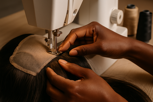 black female hands sewing wig on a machine